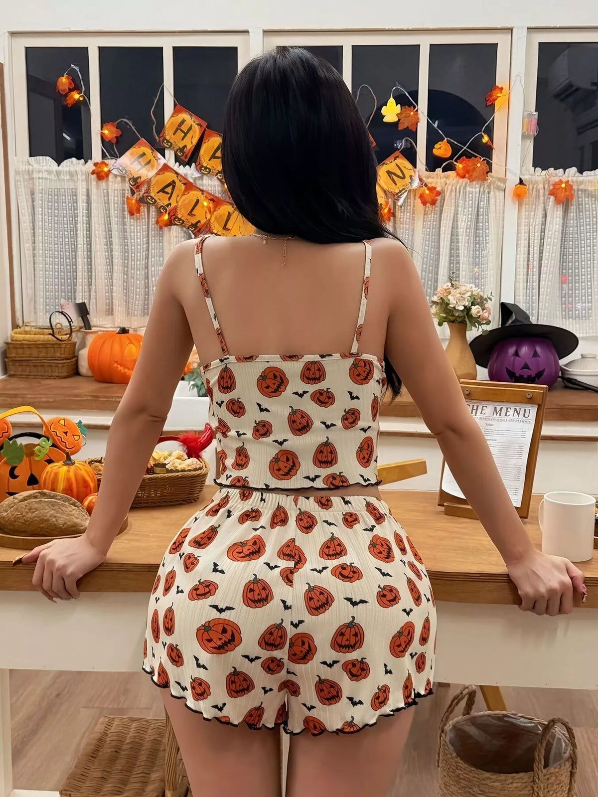 Back view of apricot Halloween pumpkin print cami and shorts set