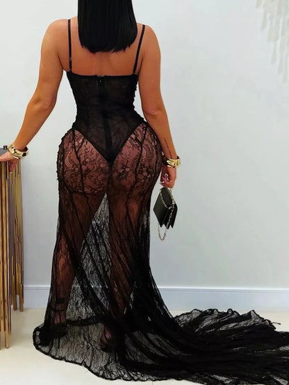 Back view of black sheer lace maxi dress with floor-length lace detail