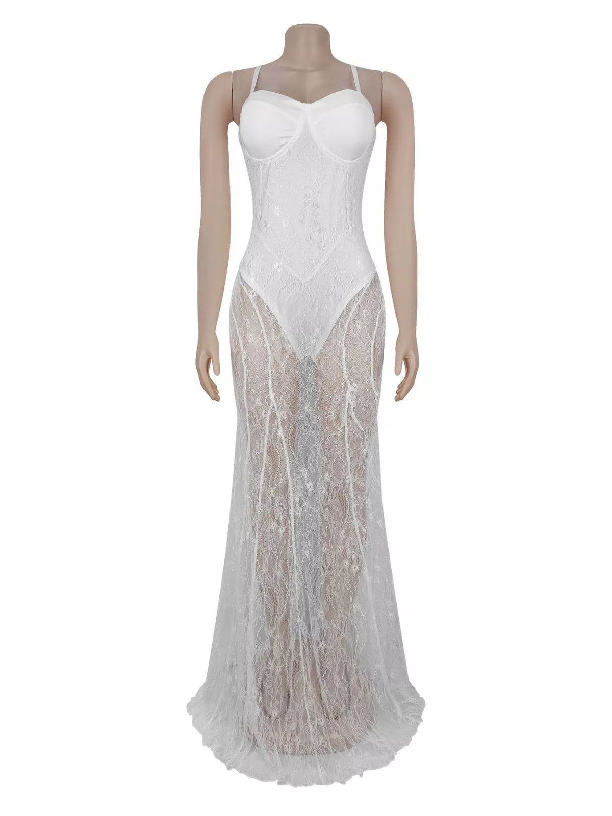 White sheer lace sweetheart neck maxi dress product view